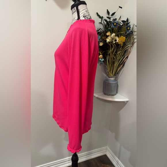 Beach House Pink Long Sleeve Button Down Shirt with ruffled Mandarin Collar - Picture 5 of 8